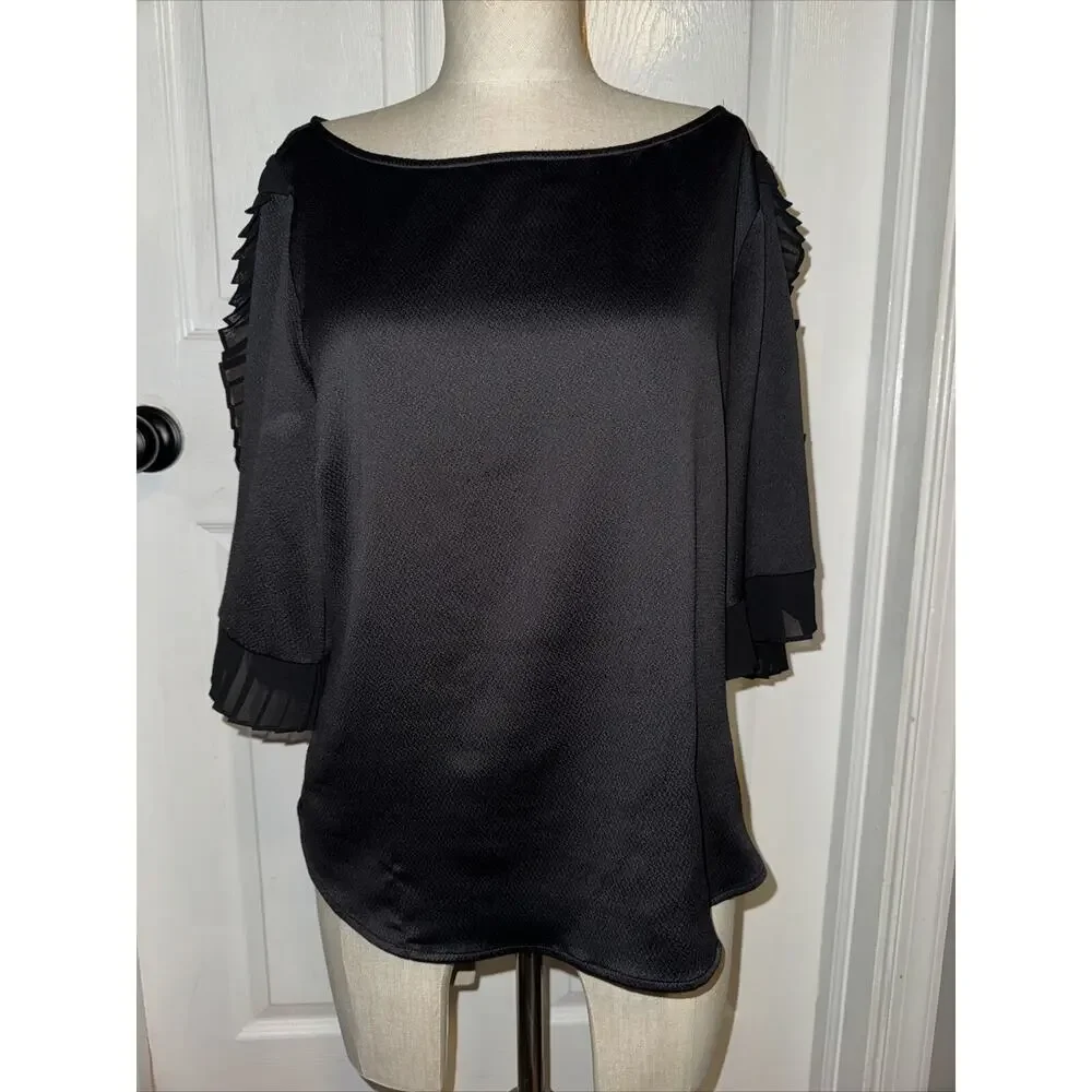 Plenty By‎ Tracy Reese Black Blouse 3/4 Sleeve Size L Large Flutter Sleeve
